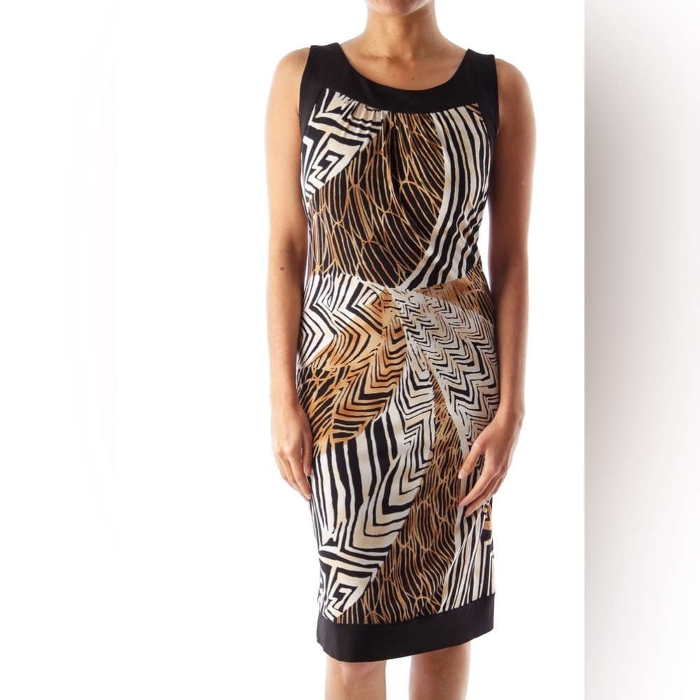 AB Studio Shift Dress Womens Small Black Tan Animal Knit Tank Style Pull Over